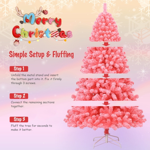 Gymax 7.5 FT Artificial Snow Flocked Pink Christmas Tree Unlit Xmas PVC Tree