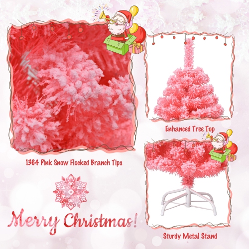 Gymax 7.5 FT Artificial Snow Flocked Pink Christmas Tree Unlit Xmas PVC Tree