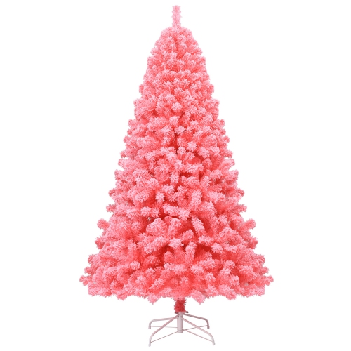 Gymax 7.5 FT Artificial Snow Flocked Pink Christmas Tree Unlit Xmas PVC Tree