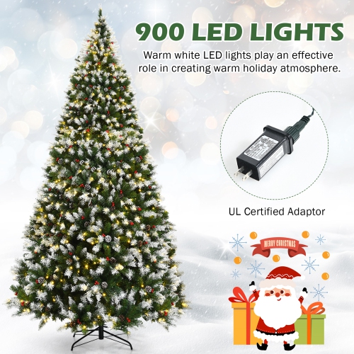 Gymax 9 FT Pre-lit Snow Sprayed Christmas Tree Artificial Xmas Tree w/ 8 Lighting Modes