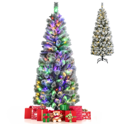 GYMAX  6 Ft Pre-Lit Snow Flocked Artificial Christmas Tree W/ Multi-Color Led Lights