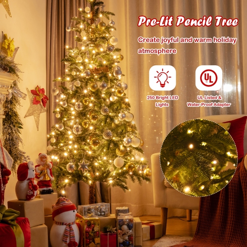 Gymax 6 FT Pre-Lit Artificial Slim Pencil Christmas Tree Faux-Pine Tree w/ LED lights