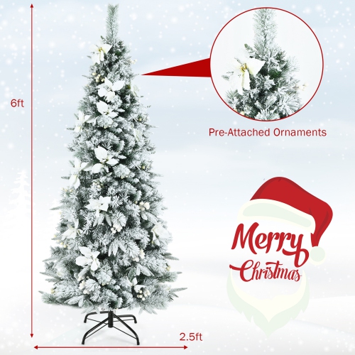 Gymax 6 FT Pre-Lit Artificial Snow-Flocked Christmas Tree Hinged Pencil Xmas Tree