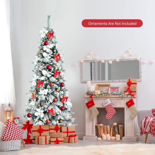 Gymax 6 FT Pre-Lit Artificial Snow-Flocked Christmas Tree Hinged Pencil Xmas Tree