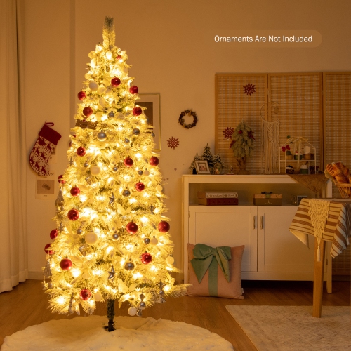 Gymax 6 FT Pre-Lit Artificial Snow-Flocked Christmas Tree Hinged Pencil Xmas Tree