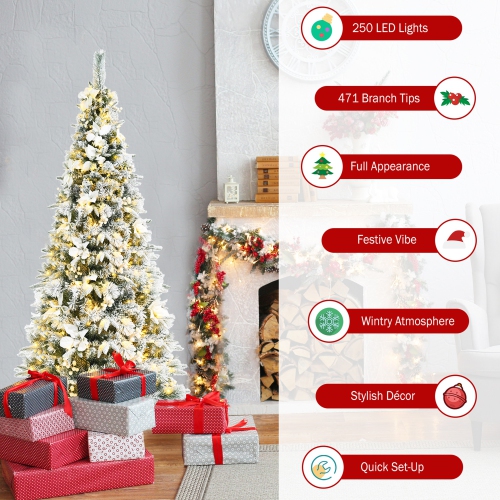 Gymax 6 FT Pre-Lit Artificial Snow-Flocked Christmas Tree Hinged Pencil Xmas Tree