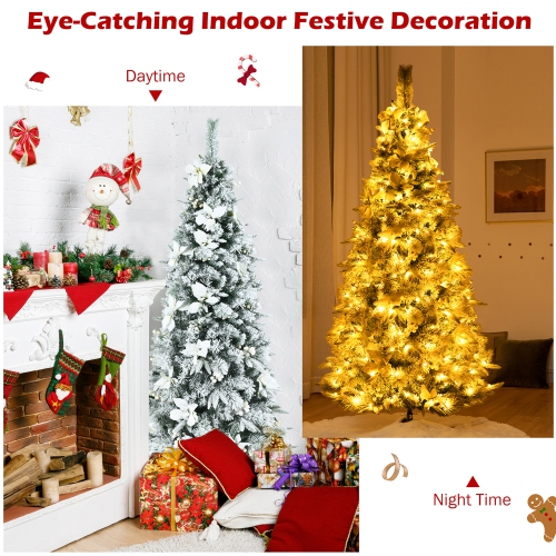 Gymax 6 FT Pre-Lit Artificial Snow-Flocked Christmas Tree Hinged Pencil Xmas Tree