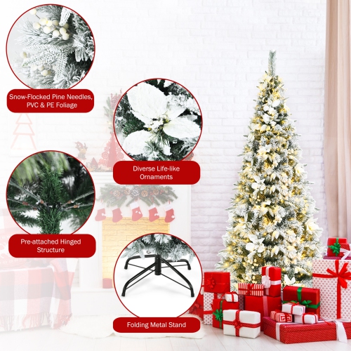 Gymax 6 FT Pre-Lit Artificial Snow-Flocked Christmas Tree Hinged Pencil Xmas Tree