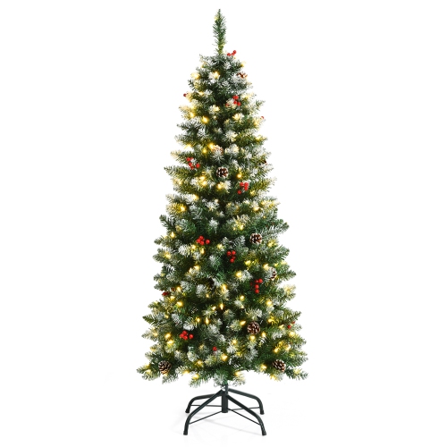 GYMAX  5 Ft Pre-Lit Hinged Christmas Tree Artificial Pencil Xmas Tree W/ Led Lights