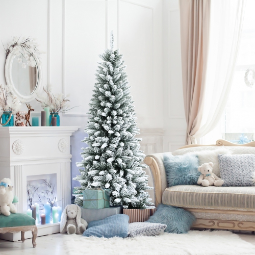 Gymax 6.5 FT Artificial Slim Christmas Tree Unlit Snow-Flocked Xmas Pencil Tree