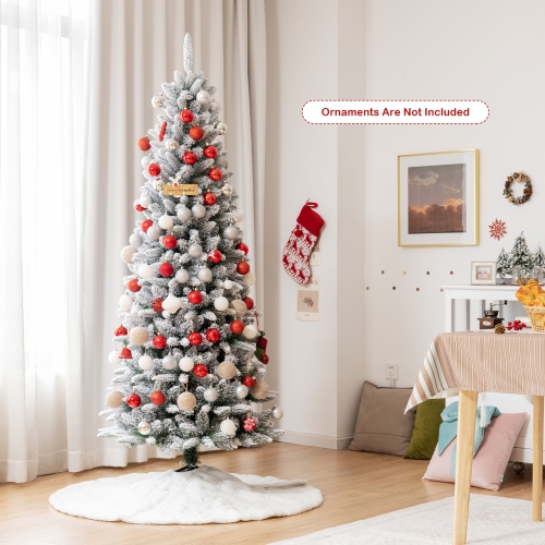 Gymax 6.5 FT Artificial Slim Christmas Tree Unlit Snow-Flocked Xmas Pencil Tree