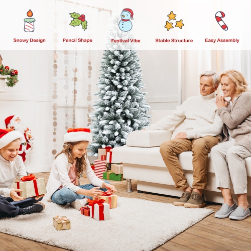 Gymax 6.5 FT Artificial Slim Christmas Tree Unlit Snow-Flocked Xmas Pencil Tree