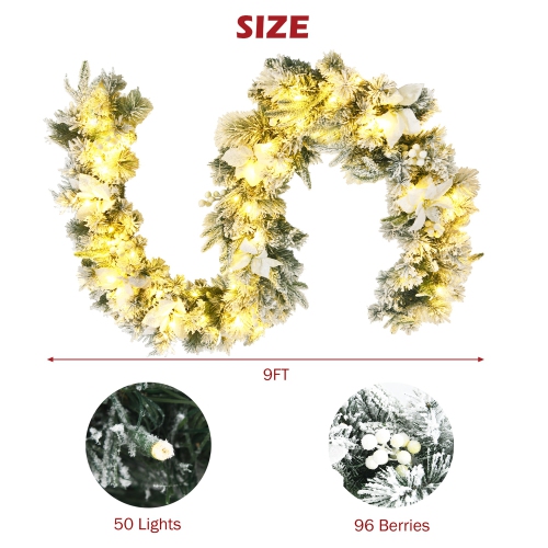 Gymax 9 FT Pre-Lit Artificial Flocked Christmas Garland w/ 50 LED Lights & Timer