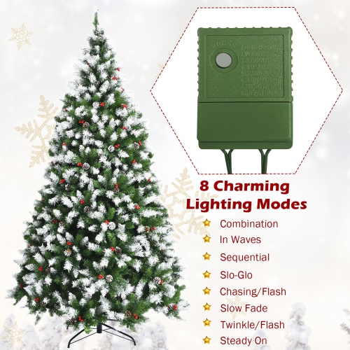 Gymax 7.5 FT Pre-lit Snow Sprayed Christmas Tree Artificial Xmas Tree w/ 8 Lighting Modes