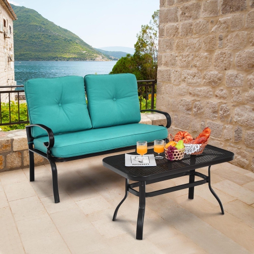 GYMAX  2PCs Patio Loveseat & Table Set Conversation Sofa Set W/ Cushions In Turquoise