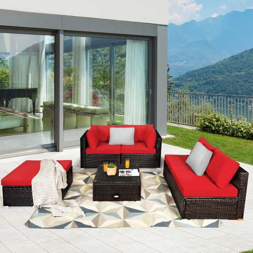 GYMAX  6PCs Rattan Patio Sectional Sofa Set Outdoor Furniture Set W/ Cushions In Red