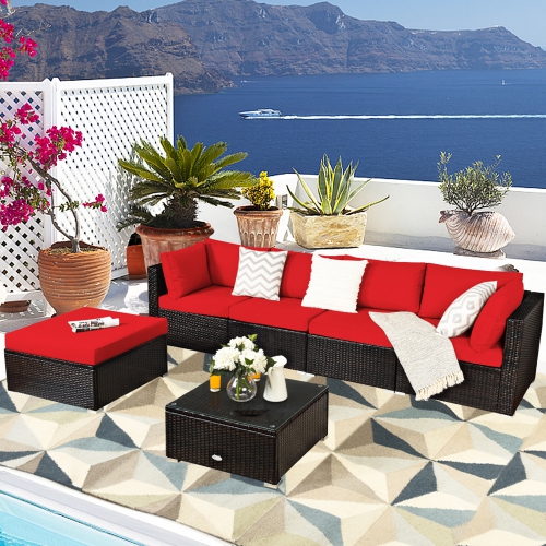 Gymax 6PCS Rattan Patio Sectional Sofa Set Outdoor Furniture Set w/ Red Cushions