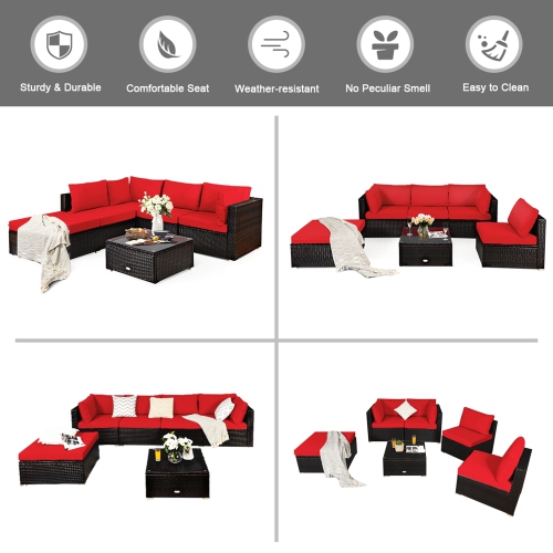 Gymax 6PCS Rattan Patio Sectional Sofa Set Outdoor Furniture Set w/ Red Cushions