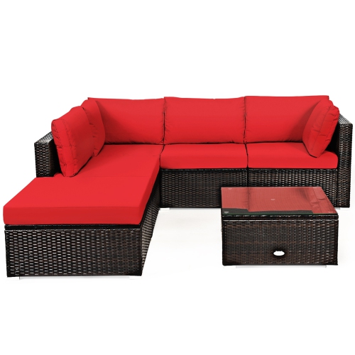 Gymax 6PCS Rattan Patio Sectional Sofa Set Outdoor Furniture Set w/ Red Cushions