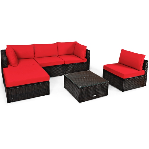 Gymax 6PCS Rattan Patio Sectional Sofa Set Outdoor Furniture Set w/ Red Cushions
