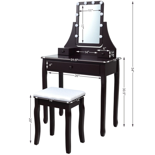 Topbuy Make-Up Vanity Table Dresser Set w/LED Light & Padded Stool Brown