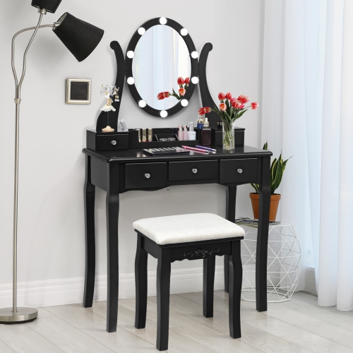 Topbuy Vanity Table Makeup Dresser Desk w/LED Light Drawers & Stool Black