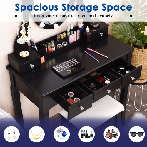 Topbuy Vanity Table Makeup Dresser Desk w/LED Light Drawers & Stool Black