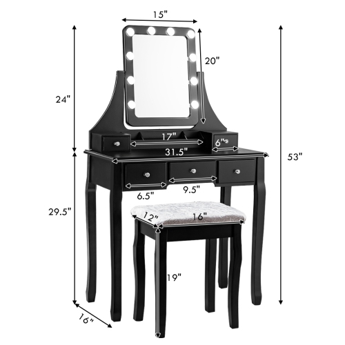 Topbuy Detachable Vanity Table Set Makeup Table with Mirror &Cushioned Stool White/Black/Brown
