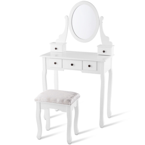 Topbuy Removable Mirror Vanity Table Unit Makeup Set w/ Padded Stool & 5 Dawers White
