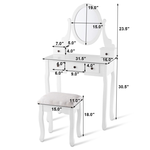 Topbuy Removable Mirror Vanity Table Unit Makeup Set w/ Padded Stool & 5 Dawers White