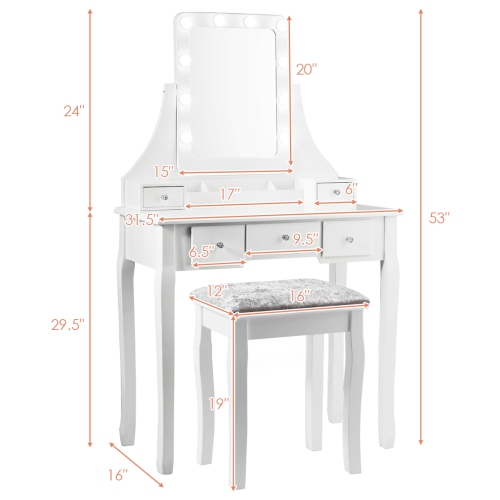 Topbuy Detachable Vanity Table Set Makeup Table with Mirror &Cushioned Stool White/Black/Brown