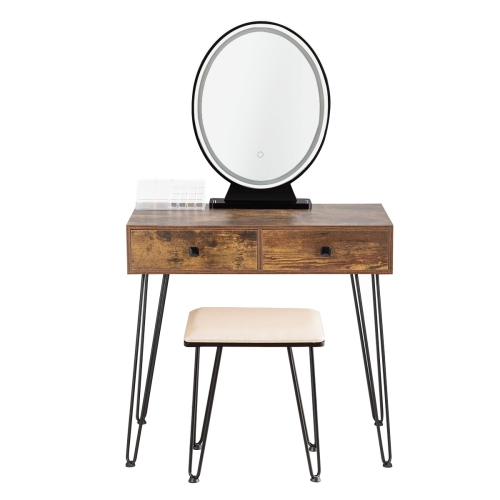 TOPBUY  Vanity Table Set Makeup Dressing Desk With Cushioned Stool & Lighted Mirror Rustic