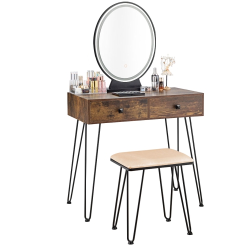 Topbuy Vanity Table Set Makeup Dressing Desk with Cushioned Stool & Lighted Mirror Rustic