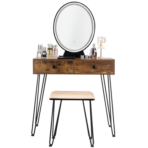Topbuy Vanity Table Set Makeup Dressing Desk with Cushioned Stool & Lighted Mirror Rustic