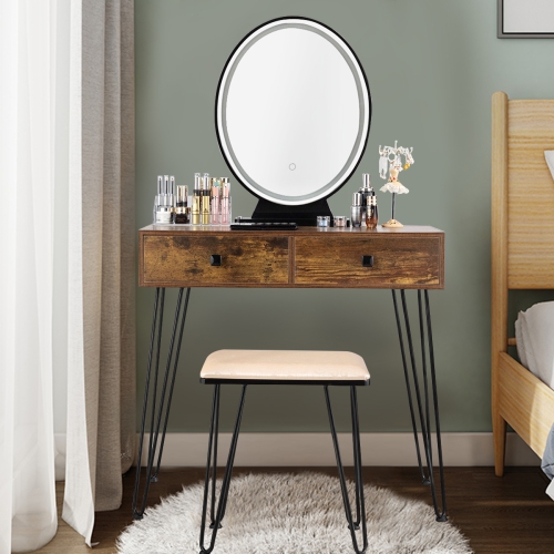 Topbuy Vanity Table Set Makeup Dressing Desk with Cushioned Stool & Lighted Mirror Rustic