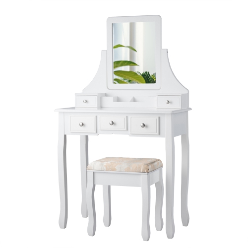 TOPBUY  Rotatable Mirror Vanity Set Makeup Dressing Table And Stool W/ 5 Drawers In White