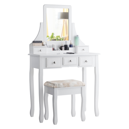 Topbuy Rotatable Mirror Vanity Set Makeup Dressing Table and Stool w/ 5 Drawers White