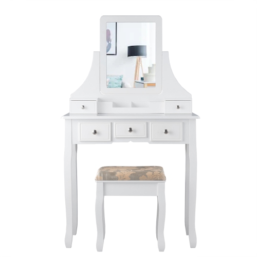 Topbuy Rotatable Mirror Vanity Set Makeup Dressing Table and Stool w/ 5 Drawers White