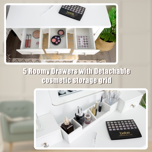 Topbuy Rotatable Mirror Vanity Set Makeup Dressing Table and Stool w/ 5 Drawers White