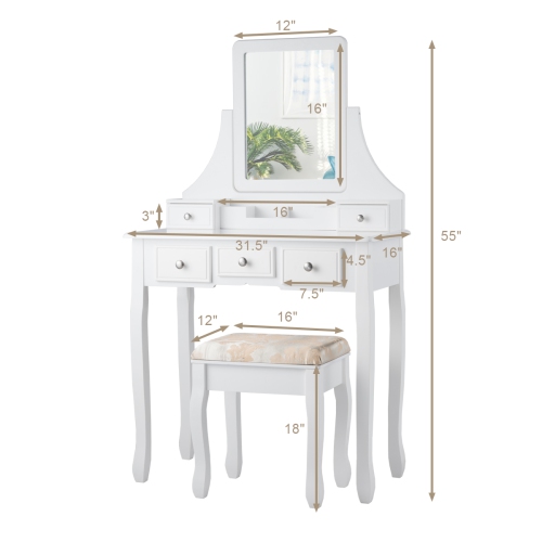 Topbuy Rotatable Mirror Vanity Set Makeup Dressing Table and Stool w/ 5 Drawers White