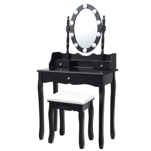 Topbuy Mirrored Vanity Table Set Lighted Makeup Dresser w/ Drawers Black