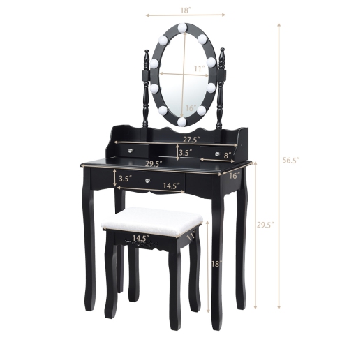 Topbuy Mirrored Vanity Table Set Lighted Makeup Dresser w/ Drawers Black
