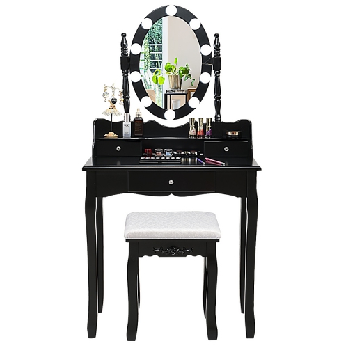 Topbuy Mirrored Vanity Table Set Lighted Makeup Dresser w/ Drawers Black