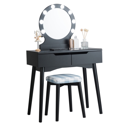 Topbuy Vanity Table Set w/ Lighted Makeup Dresser Mirror & Drawers Black