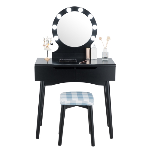 Topbuy Vanity Table Set w/ Lighted Makeup Dresser Mirror & Drawers Black