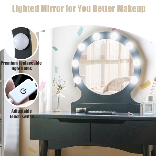 Topbuy Vanity Table Set w/ Lighted Makeup Dresser Mirror & Drawers Black