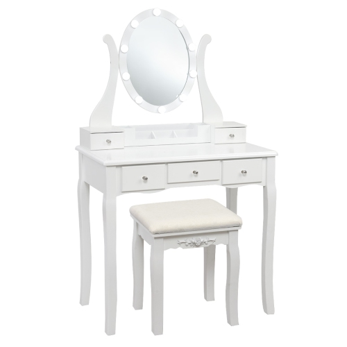 TOPBUY  Vanity Table Makeup Dresser Desk W/led Light Drawers & Stool In White