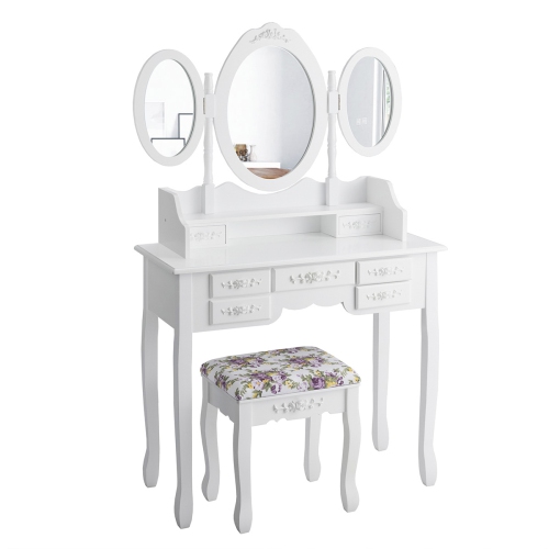 Topbuy Tri-Folding Mirror Vanity Makeup Set Dressing Table & Stool Unit w/ 7 Drawer White