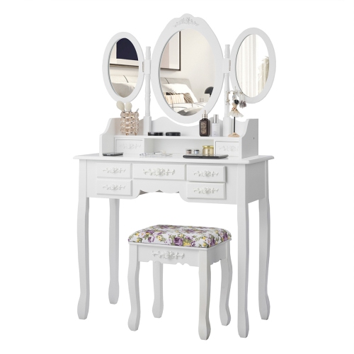 Topbuy Tri-Folding Mirror Vanity Makeup Set Dressing Table & Stool Unit w/ 7 Drawer White