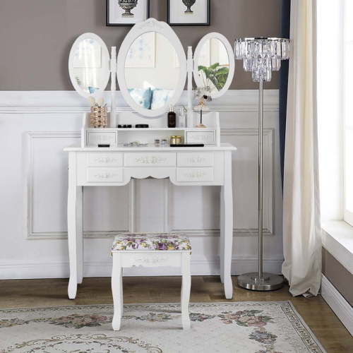 Topbuy Tri-Folding Mirror Vanity Makeup Set Dressing Table & Stool Unit w/ 7 Drawer White